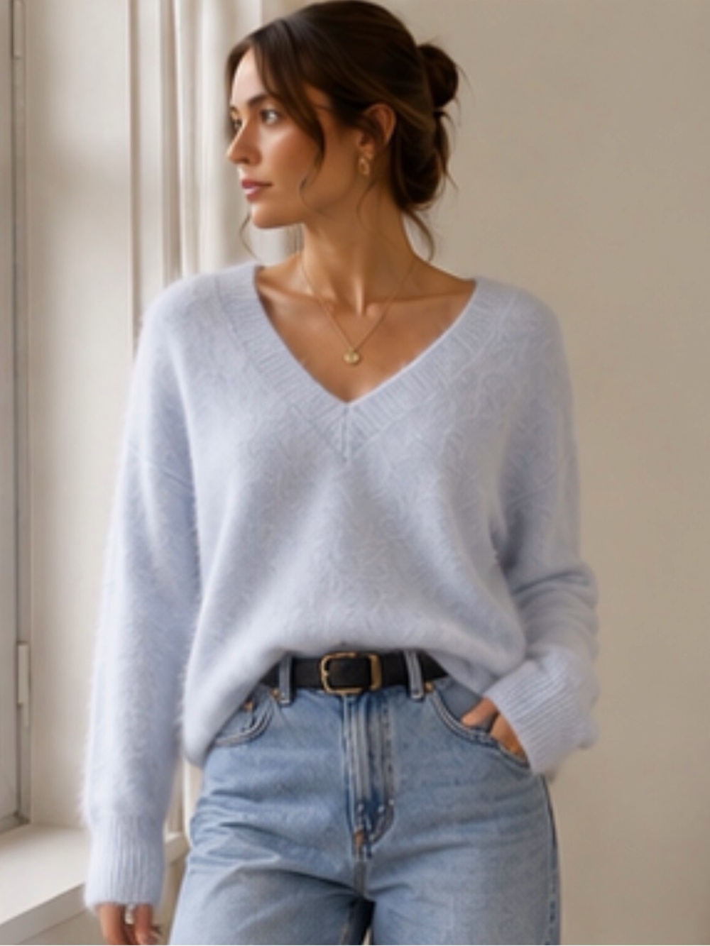 INTERMIX 70% Angora V-Neck Sweater Light Baby Blue Size L